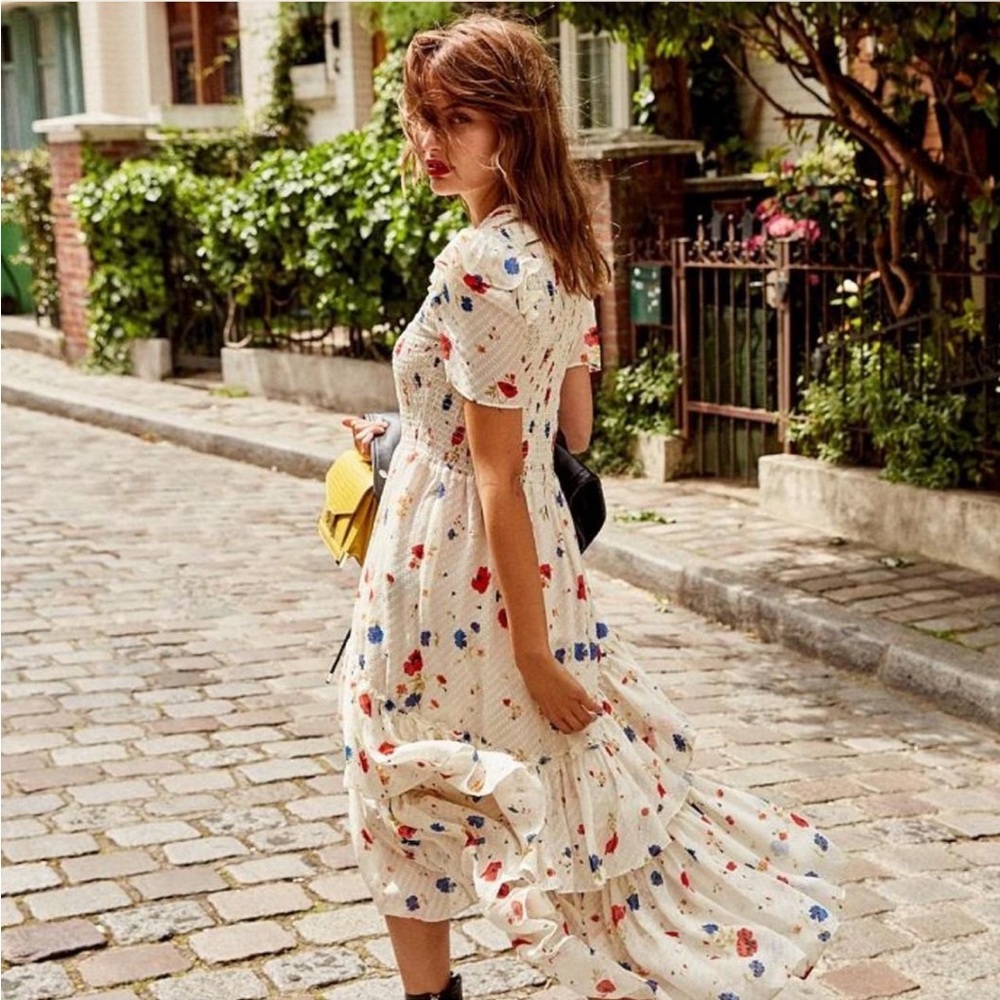 The Kooples Daydream Flowers Smocked & Ruffled Silk Midi Dress Size Small Fairy